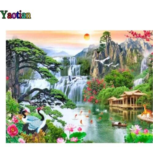 5D DIY Diamond Painting Diamond Sunset Birds Lake Waterfall Natural Landscape Mosaic Full Square Round Drill Cross Stitch Kit