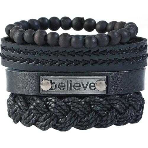 Believe Leaf Cross Handmade Wood Beads Punk Wrap Woven Leather Men Bracelets Women Fashion Bangle Female Jewelry