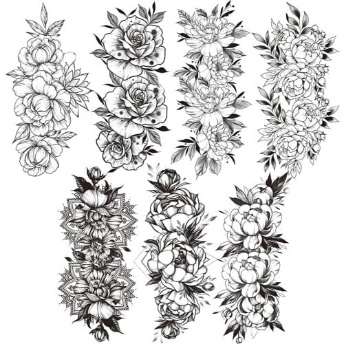 Black Flower Fake Temporary Tattoo For Women Bloom Large Camellia Sticker Tattoos Sticker Disposable Mandala Art Arm Chest Tatoo