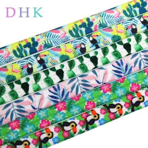 DHK 5/8'' 5yards tropical cactus bird printed Fold Elastic FOE stretch ribbon hairbow headwear headband DIY Wholesale E1539