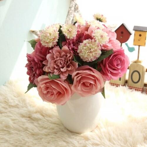 Artificial Rose Dahlia Bouquet Fall Vivid Fake Flower For Wedding Home Party Christmas Decor Silk Flower