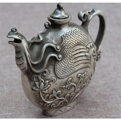 China Tibet Old Vintage Handwork miao Silver Peacock flat pot Teapot metal handicraft home decoration