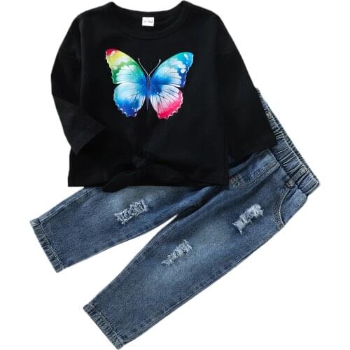 2021 0-5Y Toddlers Baby Girl Autumn Clothing Tracksuits Butterfly Print Black Long Sleeves T-Shirt+Casual Holes Denim Pants 2pcs