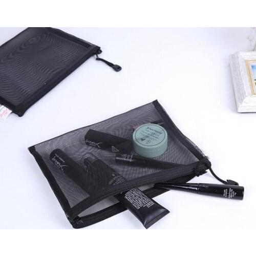 Womens Fashion Black Mesh Cosmetic Bag Transparent Lace Large Capacity Cosmetics Zipper Organizer Hand Travel Toiletry Bag