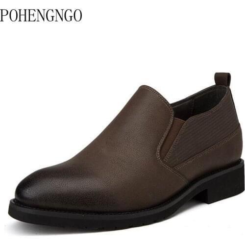 2021 New Men Formal Shoes Khaki Slip On Men Casual Leather Dress Shoes Fashion Elastic Business Men Shoes Pointed Wedding Shoes