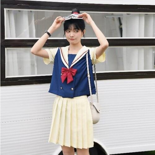 New Sale Light Yellow School Uniforms 2021 Hot Design Short And Long Sleeve Collage Student Sailors Uniforms Jk Cosplay