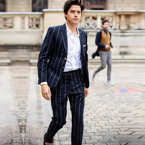 Pinstripe Plaid 2 Piece Slim Fit Mens Suits Notched Lapel Two Button Blazer Prom Tuxedos Groom Wedding Jacket Check Coat+Pant