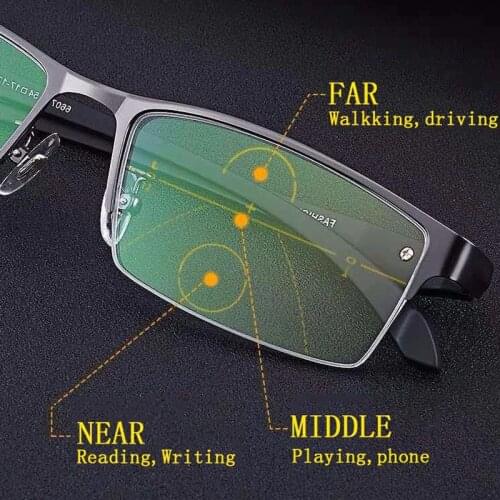 New Half Frame Anti Blue Light Progressive Reading Glasses Men Ultra Light Metal Multifocal Presbyopic Glasses Black 1.5 2.5
