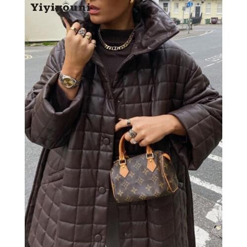 Yiyiyouni Oversize Thick PU Leather Parkas Women 2021 Winter Button Cotton Padded Coat Female Long Sleeve Pockets Outerwear Lady