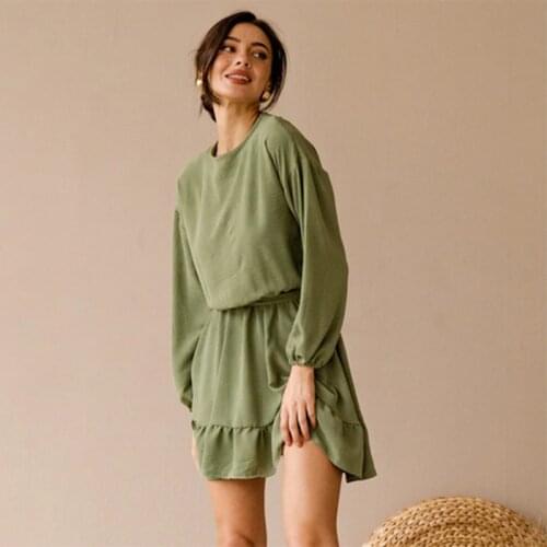 Dresses For Women 2021 Autumn Elegant Long Sleeve Casual Solid O-neck Loose Womens Clothing Belted Vestidos Lantern Sleeve