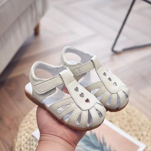 Baby Girls Sandals Genuine Leather White Summer Children Walker Shoes Closed Toe Heart Cutouts Kids Toddler summer shoes Insole