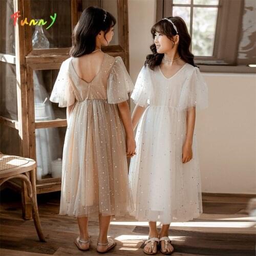 V Neck Puff Sleeve Mesh Dress Girl Princess Costume Summer 2021 Stars Sequins Midi Party Dress Wedding Kids Clothes