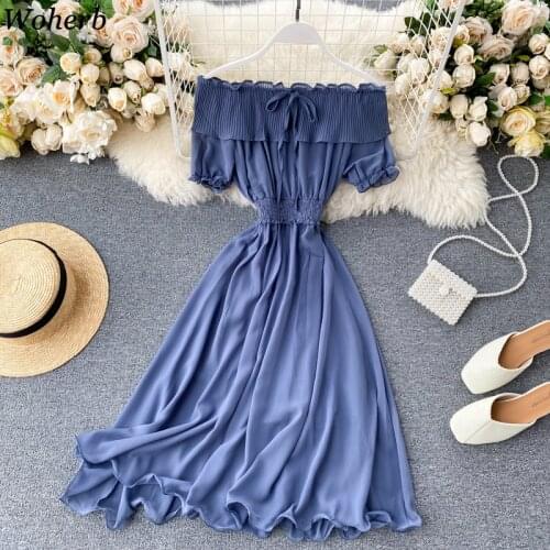 Woherb Chic Korean Solid Women Dress Sexy Off Shoulder 2020 Summer A-line Chiffon Pleated Puff Sleeve Dresses Beach Vestidos
