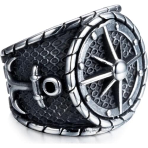 Fashion Trend Personality Men Punk Fashion Black Sailing Rudder Compass Anchor Personality Sailor Men Ring