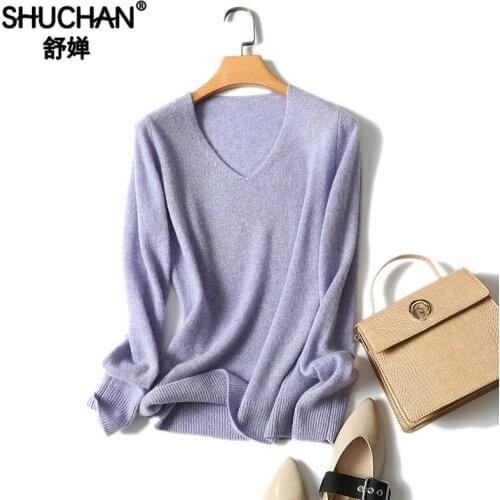 Shuchan Thin Womens Cashmere Sweater Korean V-Neck Korean Top Warm Computer Knitted Casual Solid Cute Sweater