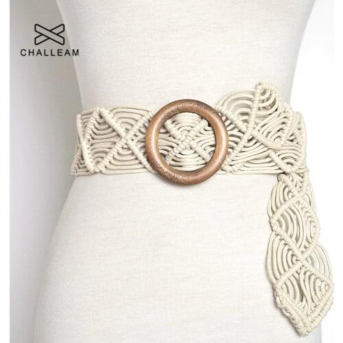 Vintage Wide Bohemian Belts For Women Round Wood Buckle Woven Braided Rope Belt Female Casual Crochet Boho Dress Waistband 109