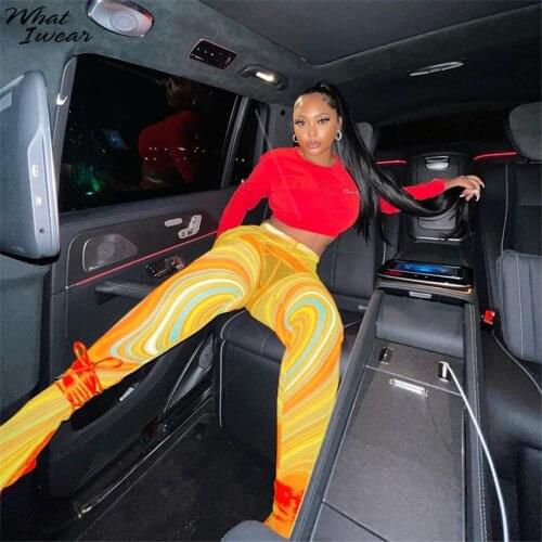 Whatiwear 2021 Mesh Print Foot Pants Women High Waist Skinny Body-shaping Leggings Fashion Sexy High Street Female Trousers Hot