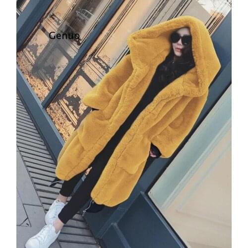 Women Outwear Loose Winter Warm Hooded Zipper Fur Jackets New Long Solid Color Faux Fur Coats Female Fashion Casual Coat