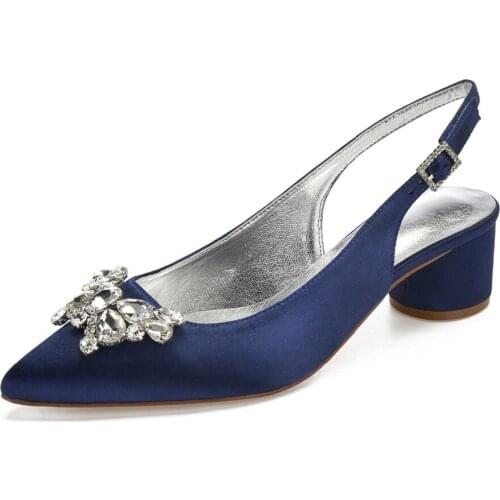 Pointed toe 3D butterfly crystal brooch satin lady evening dress shoes slingback thick block heels bridal wedding party ball