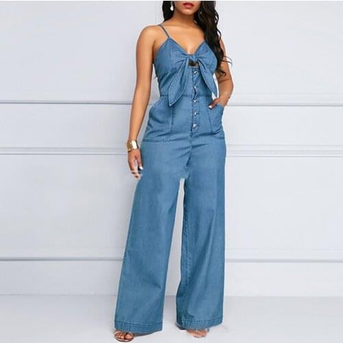 Sling Bow Denim Trousers Womens Jumpsuit Lace Up Backless Wide-leg Pants Jumpsuits Female 2021 Summer Lady Streetwear Rompers