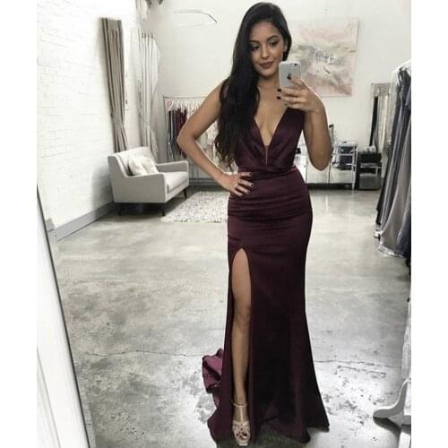 2020 New Sexy Cheap Multicolor Evening Gowns V-neck Side Slit Spaghetti Straps Mermaid Satin Dresses Backless Robe De Soiree