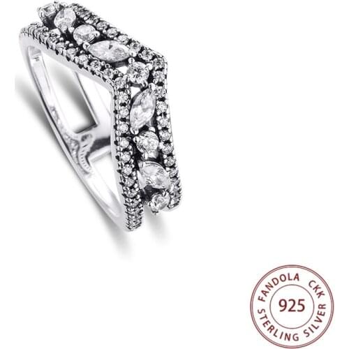 100% 925 Sterling Silver Sparkling Marquise Double Wishbon Rings for Women Wedding Engagement Ring Fine Jewelry Bague Femme
