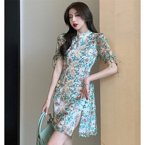 2021 Women Luxury Flower Embroidery Mini Short Dress Summer New Elegant Sexy Vintage Office Lady Evening Party Dresses Robe