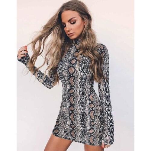 Autumn Dress No Decoration Leisure Design Women Party Dress Long Sleeve Snake Grain Sexy Dress Tight Round Neck Harajuku Dress