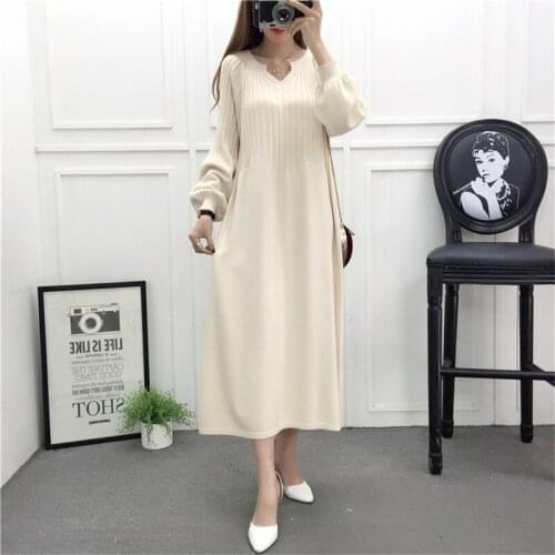 Women Sweater Dress Autumn Winter V Neck Knitted Dresses Elegant Ladies Full Sleeve Long Dress Plus size Pull Vestidos loose