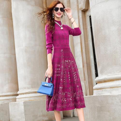 Autumn Winter Women Stand Collar Jacquard Sweater Knitted Midi Dresses Female Pullover Long Sleeve Dress Casual Vestidos X315