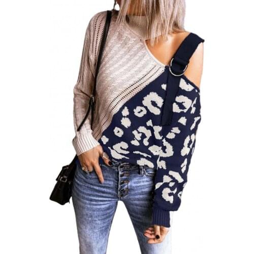 2021 Spring/Autumn Women Sweater Leopard Patchwork Turtleneck One Shoulder Sweater Twist Plus Size Knitted Jumper Pullover