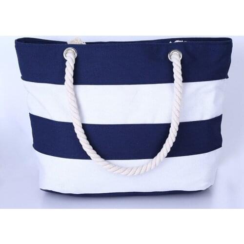 5PCS / LOT Canvas Shopping Bag Zippered Stripe Casual Shoulder Bag Foldable Printing Tote Storage Bag
