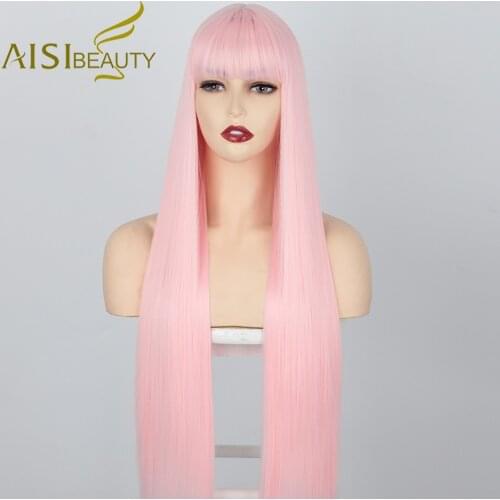 AISI BEAUTY Synthetic Wig Pink Long Straighr Wigs for Women Blonde Black Brown with Bangs Natural Looking Cosplay Wigs