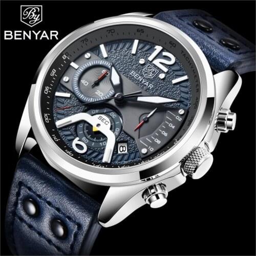 Benyar Design 2021 New Casual Fashion Men' Quartz Watch Multi-function Waterproof High Quality Leather Night Light Watch Relogio