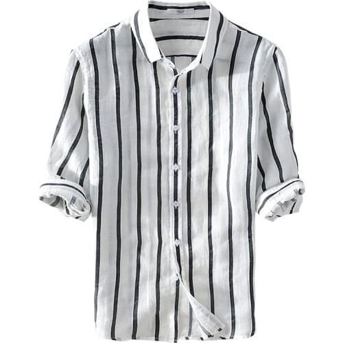 Summer new large striped linen half-sleeve shirt men breathable retro men shirts flax M-3XL brand fashion shirt mens camisa