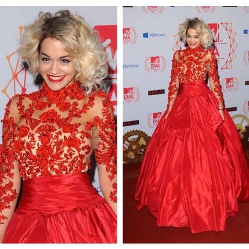 Elegant Long Sleeves High Neck Taffeta Celebrity Evening Dresses Red Ball Gown Prom Dress Sheer Tulle Applique Red Carpet Gowns