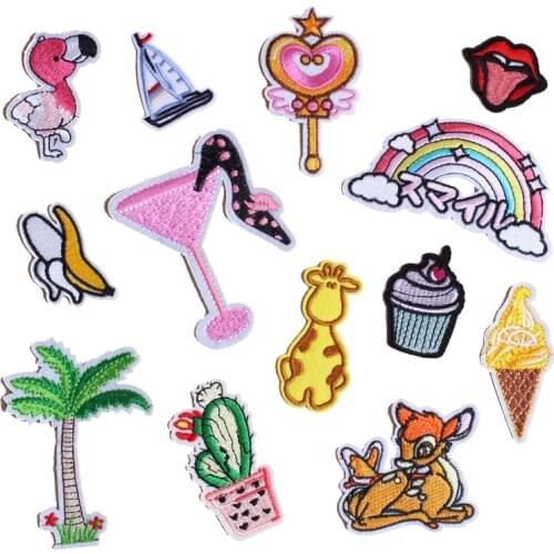 Flamingo Lips Cartoon Animal Cactus Patches Fruits Iron On Patch Appliques Sequin Decorations for Clothes Embroidery Stickers