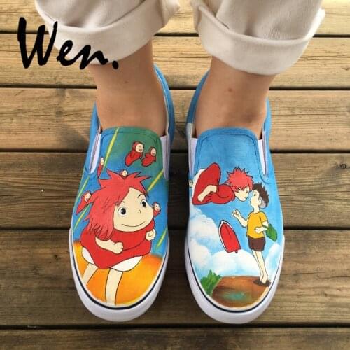 Wen Hand Painted Canvas Sneakers Design Custom Anime Ponyo Men Womens Slip On Shoes for Christmas Birthday Gifts