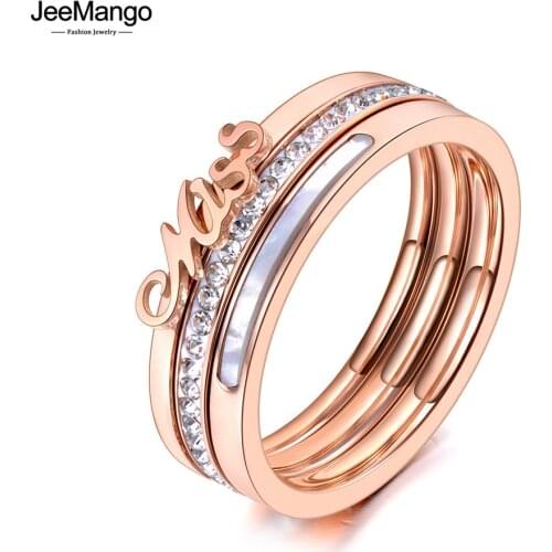 JeeMango Original Design 3 In 1 Shell & Rhinestone Miss Rings Jewelry Titanium Steel Wedding Engagement Ring For Women JR20060
