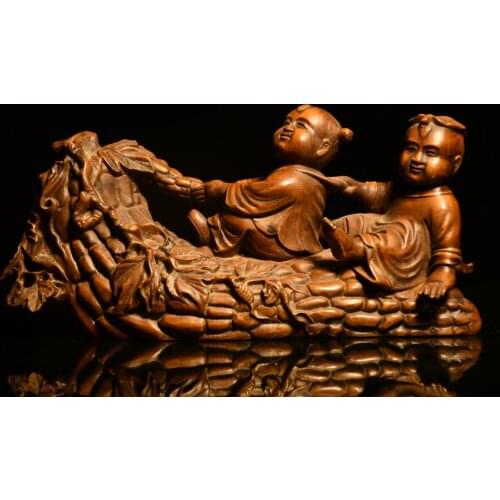 6"China Lucky Old Boxwood Hand-carved Statue of the Golden Child and Jade Girl Sitting corn Office Ornaments Town House