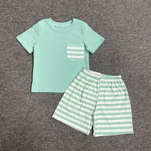 Actively Pure Cotton Baby Boys Suit Green Top With Pockets And Green And White Striped Shorts Children Boutique Clothing