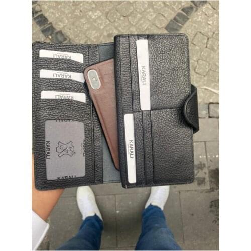 Karali Leather Phone Compartment Black Genuine Leather Wallet-zircon Bracelet Gift