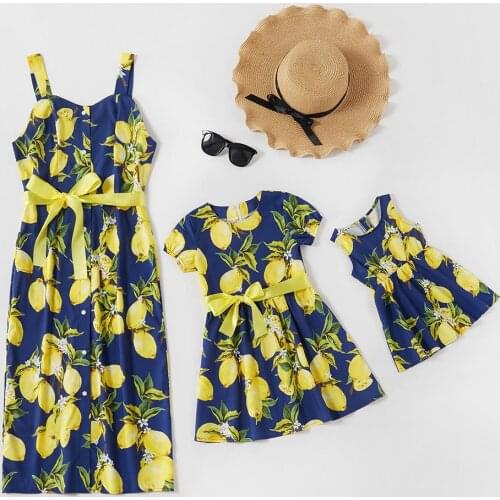2021 Summer Girls Lemon Print Lace-Up Dress 3Months - 5Years Home Wear Mother & Girls & Baby Beachwear Sundress for Parent-Child
