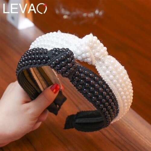 Levao New Wide Headband for Women Full Simulation Pearls Bead Hairband Hoop Knotted Hair Bands Stylish Female Hair Accessories