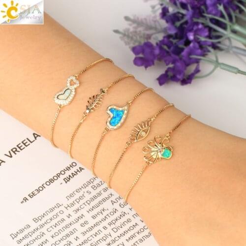 CSJA Gold Color Copper Bracelet for Girls Cubic Zirconia Crystal Bracelets Delicate Evil Eye Heart Hamsa Hand Luxe Jewelry S778