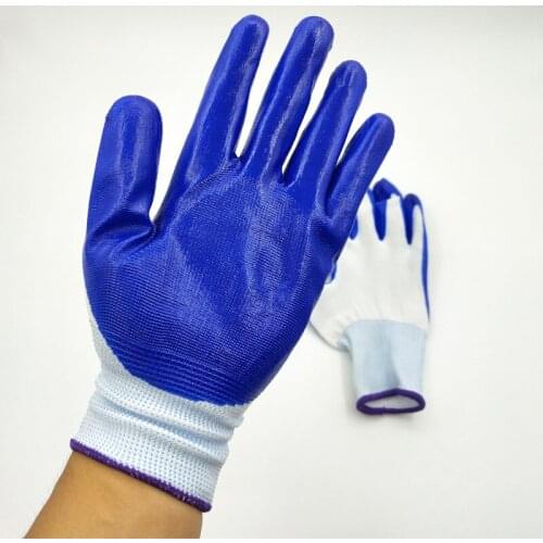 Nylon Nitrile Labor Protection Gloves, Penetration Dipped, Wear-resistant, Non-slip Length 23cm White Gauze Blue