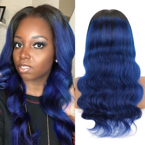 Ombre Dark Blue Wig Human Hair Wigs For Women Blue Color Dark RootsBrazilian Human Hair Body Wave Lace Wig 180 Density