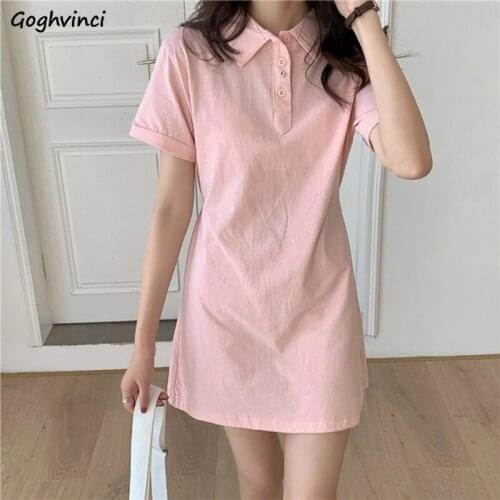 Short Sleeve Dresses Women Summer Belt Knee-Length Elegant Female Fashion Solid Pink Loose High Quality Simple Turn Down Collar