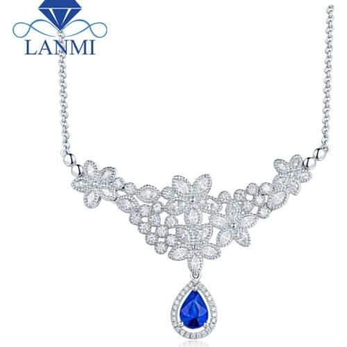 Luxury Genuine Gemstone Diamond Wedding Necklace Jewelry Solid 18K White Gold Natural Blue Pear Sapphire Womens Pendant