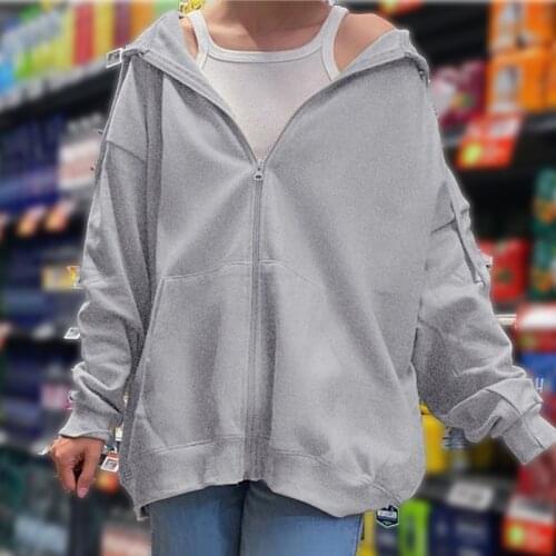 Loose Zipper Womens Coat Zip-up Gray Long Sleeve Autumn All-match Female Hooded Sweatshirts Caual Street Pocket Lady Hoodies